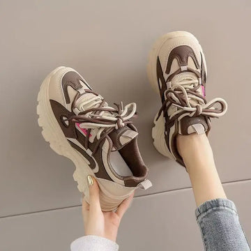 Xajzpa Women's Leather Dad Shoes Spring Autumn Lightweight Cotton Breathable Comfortable Casual Sports Sneakers